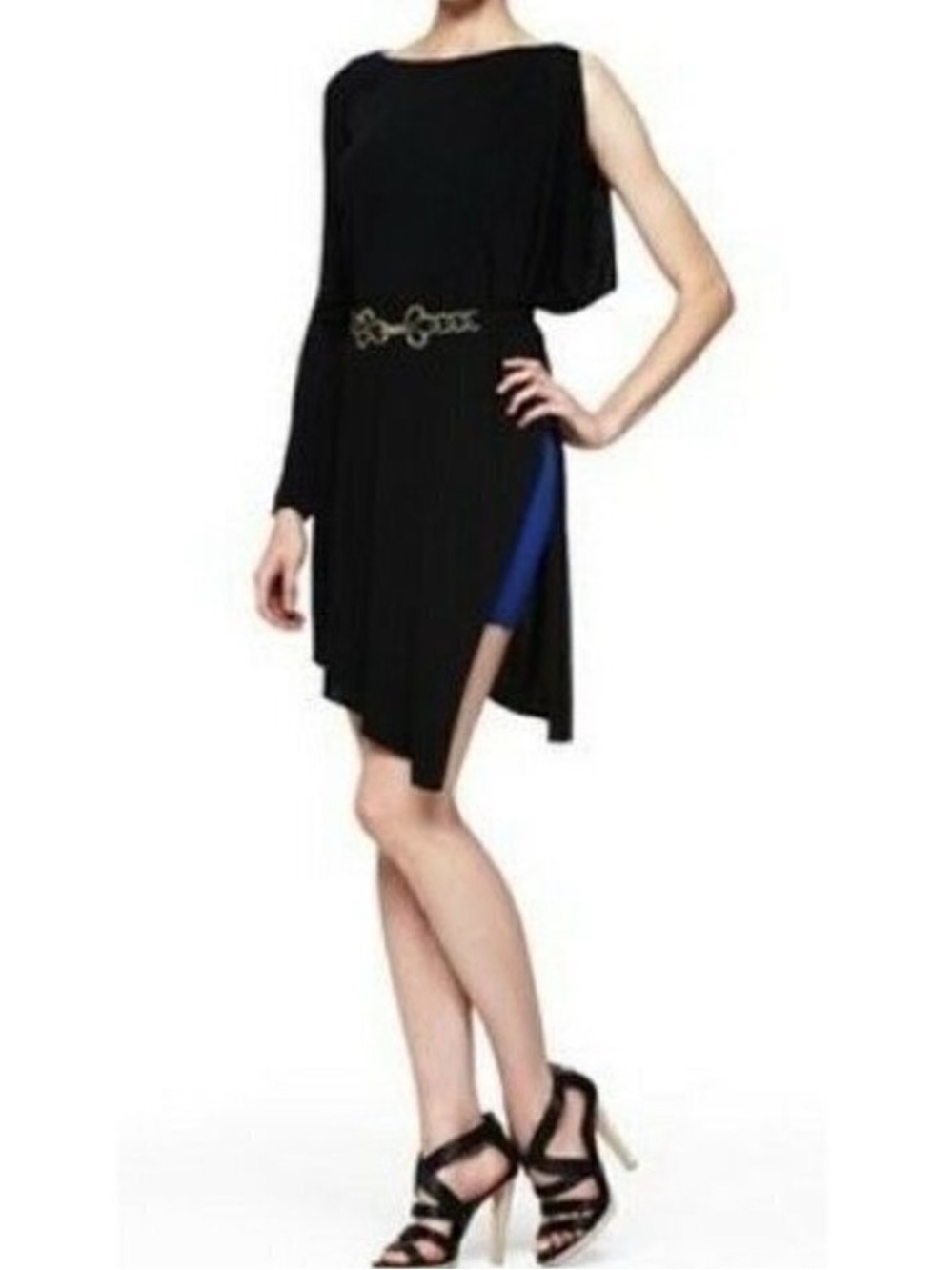 BCBGMaxAzria Asymmetrical Flutter Sleeve Belted Dress